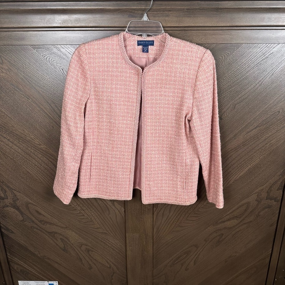 Open Front Tweed KAREN SCOTT Jacket Braid Trim Pockets Lined Size 10P